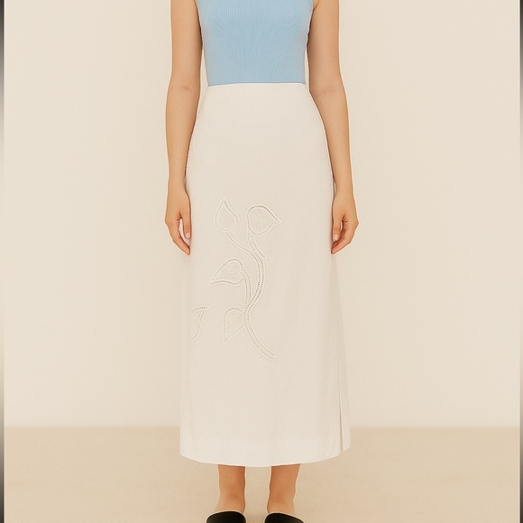 Venroy Cotton Maxi Skirt in White Sz L Floral Embroidered Side Slit Semi Sheer - Picture 2 of 15